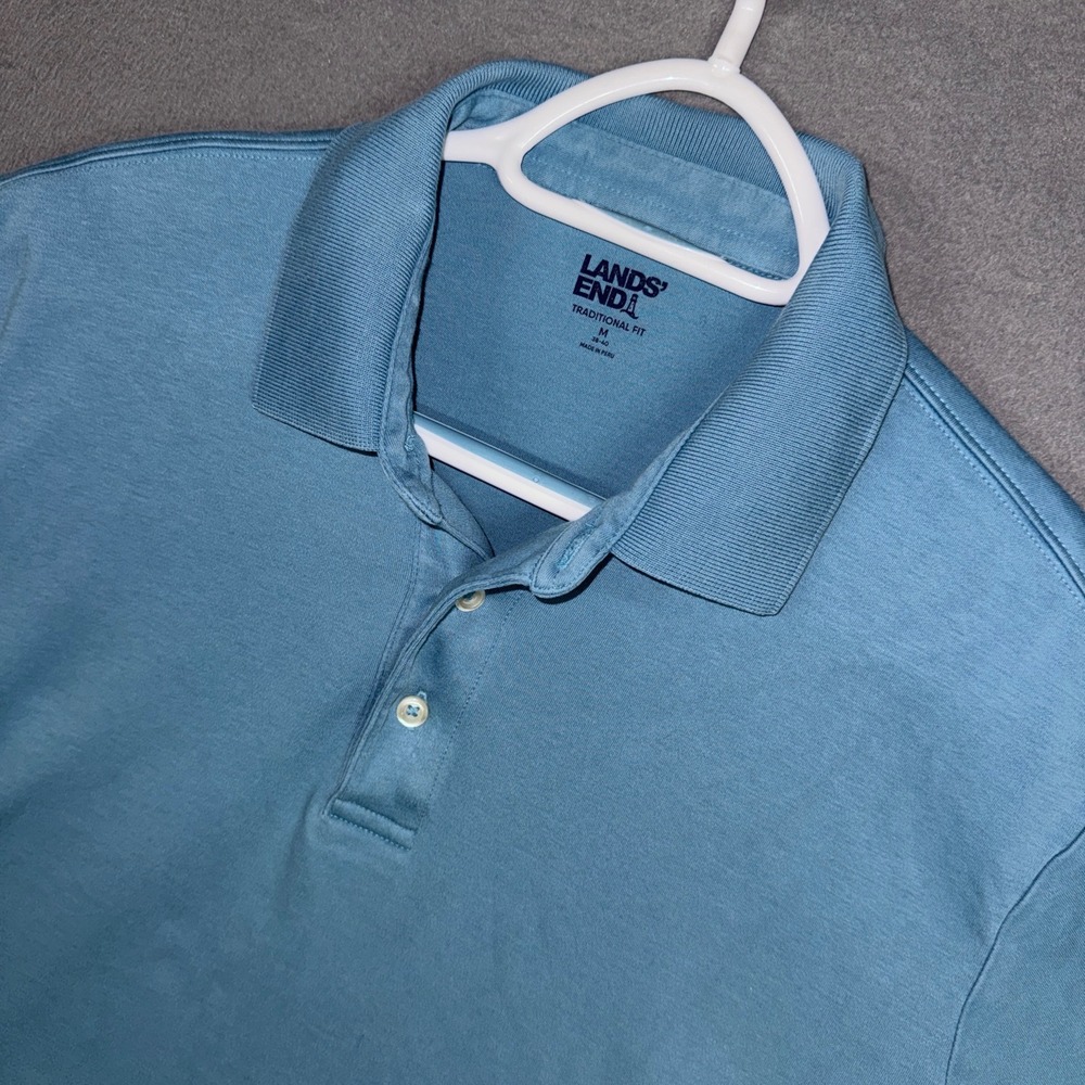 Lands End Polo Shirt Mens Medium Blue Traditional Fit Short Sleeve Cotton Blend